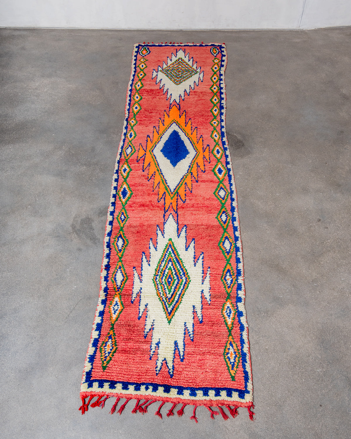 Modern, designer, handcrafted Berber runner rug from Morocco. Vintage carpet with beautiful colours and patterns and fluffy texture.